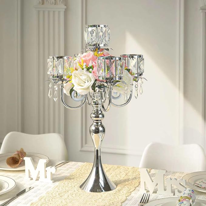 2 Pcs Silver 5 Arm Pendant Square Crystal Table Decor 22 inch Candle Holder, Classic and Elegant Table Centerpiece Atmosphere Candle Holders for Gift Wedding Party Home Decor