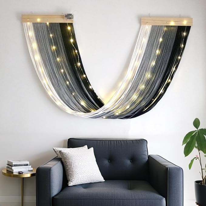 Macrame Fairy Lights Battery Operated with Remote & Timer, Black Grey | Handwoven Wall Hanging with 20ft 100 LEDs Warm White Timer String Lights for Bedroom,Living Room,Party,Wedding,Christmas Deco
