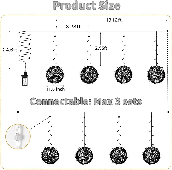 SenLuKit Outdoor Christmas Balls 4 Pack Hanging 11.8" LED Garden Sphere Tree Lights 8 Modes Waterproof String with Memory Timer Plug for Party Yard Porch Eave Patio Home Decoration-Cool White