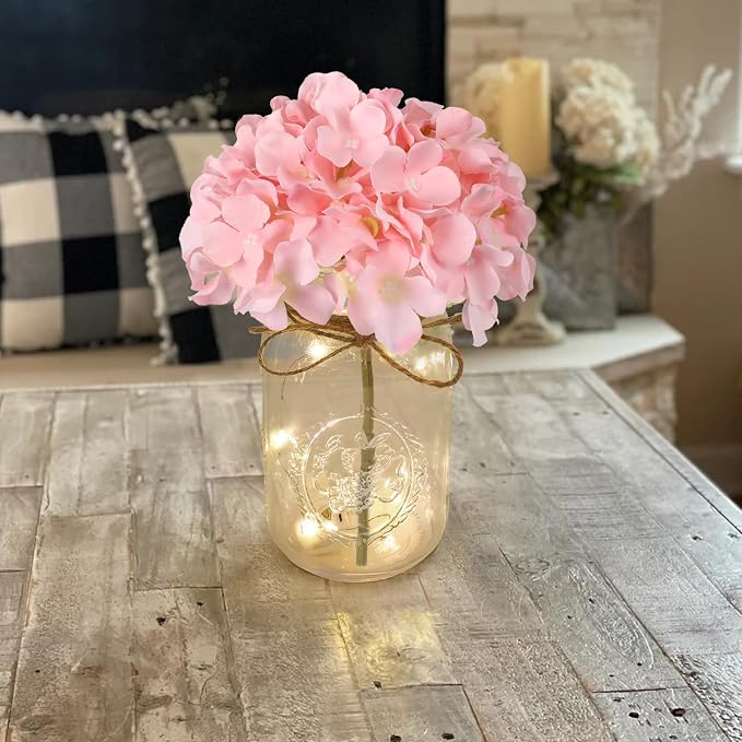 Set of 3 Mason Jar with Lights Blush Hydrangea Decorative Jars Flower Vase Farmhouse Table Centerpiece for Home Wedding Event Party Decor