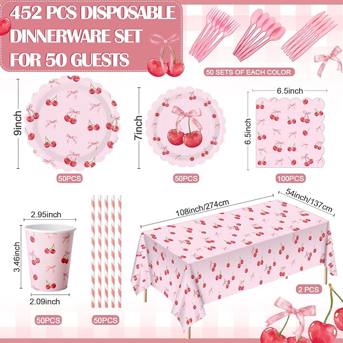 Funnymoom 452 Pcs Cherry and Bow Party Decoration Serves 50, Cherry Birthday Baby Shower Scalloped Paper Plates Napkins Cups Tablecloth Cutlery Straws for Pink Bow Birthday Baby Shower Party Supplies