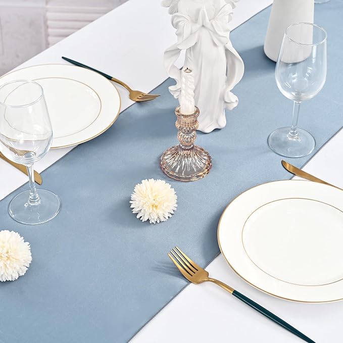 15 Pack Dusty Blue Satin Table Runners 12 x 108 Inch Long Table Runners for Rectangle Round Tables, Smooth Satin Table Runner for Wedding,Birthday Party Banquets Graduation Engagements Decoration
