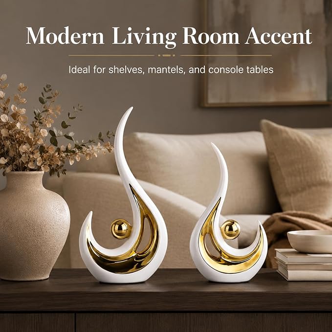 XMGZQ 2pcs White and Gold Modern Abstract Art Statue Table Decoration,Elegantes Ceramic Statue for Home Décor Accent,Mantel,Bookshelf,Centerpiece Table Decorations for Dining Room,adornos para sala
