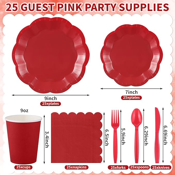 NatNarr 175 Pcs Red Paper Plates and Napkins Set Include 9" Dinner Plates, 7" Dessert Plate Disposable Scalloped Tableware Serve 25 Guest for Wedding Baby Shower Bridal Shower Birthday Mother's Day