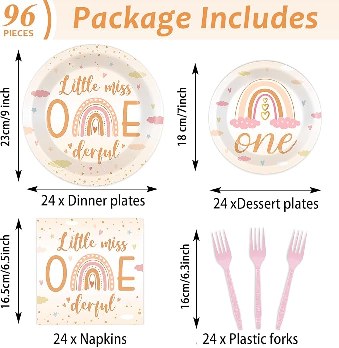 96Pcs Boho Rainbow Party 1st Decorations Miss Little One Derful 1st Themed Tableware Rainbow First Trip Birthday Plates Napkins Forks Onederful Dinnerware Supplies for Baby Shower Birthday Serves 24