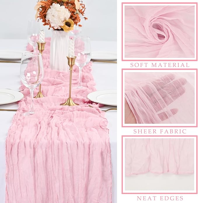 Light Pink 12 Pcs Cheesecloth Table Runner 10FT Runner for Tables Gauze Fabric 35 x 120 Inches Long Boho Table Runner Decoration Rustic Sheer Runner for Wedding Birthday Baby Shower Party (Light Pink)