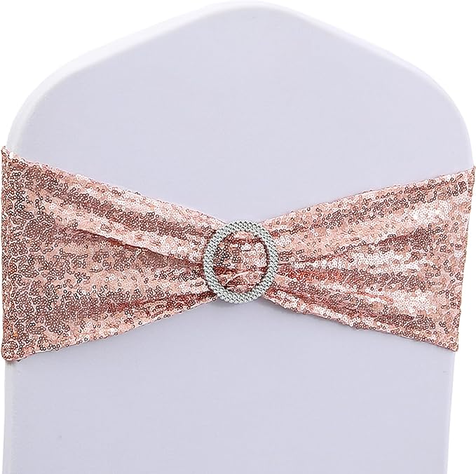 Sequin Rose Gold Chair Sashes 100 Pack, Pink Gold Sequin Chair Bows for Party Folding Chairs Decorations, Chairs Bands with Buckles for Wedding Fiestas Birthday Engagement Christmas Decor