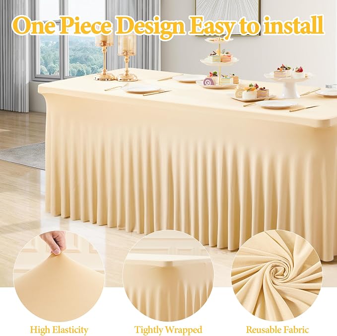 Shillance 2 Packs Champagne Spandex Table Clothes for 6 Foot Rectangle Table, Spandex Table Covers 6FT Stretch Table Skirts Wrinkle Free Fitted Table Cloth for Event, Wedding, Banquet & Parties