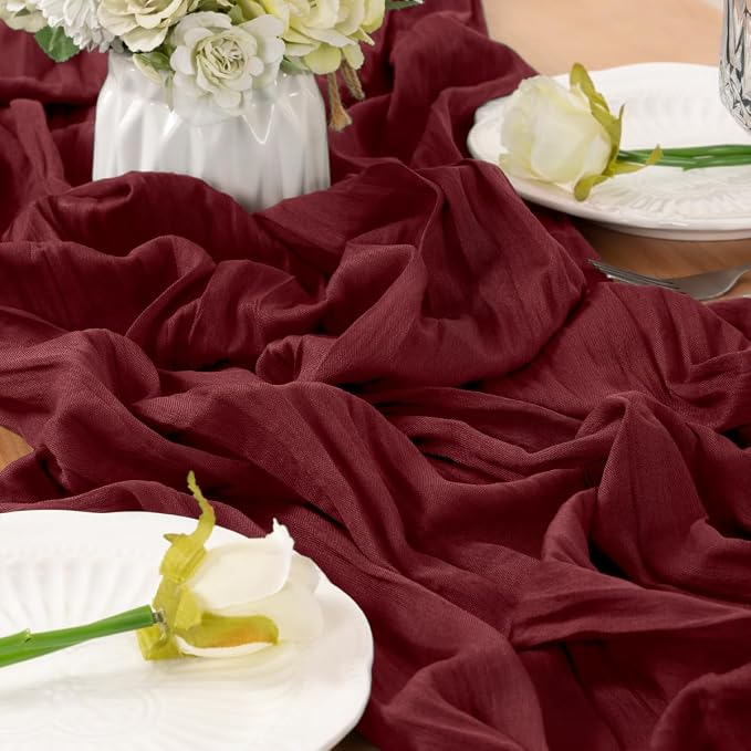 LINXTAR Burgundy Cheesecloth Table Runner 120 Inches 10Ft Gauze Summer Boho Table Runner for Wedding Tea Party Baby Shower Bridal Birthday Home Decoration