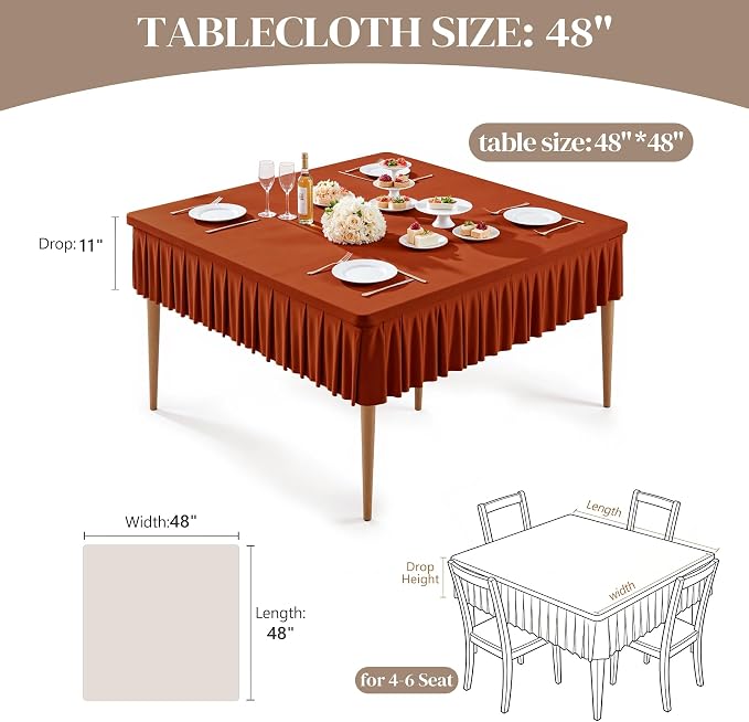 Wish Care 2 Pack Rust Spandex Tablecloths for 48x48 Inch Square Tables, Stretch Fitted Table Clothes with Pleated Ruffle Skirt for 48” Table, Wrinkle Free and Elastic, for Party Kitchen Home Dining