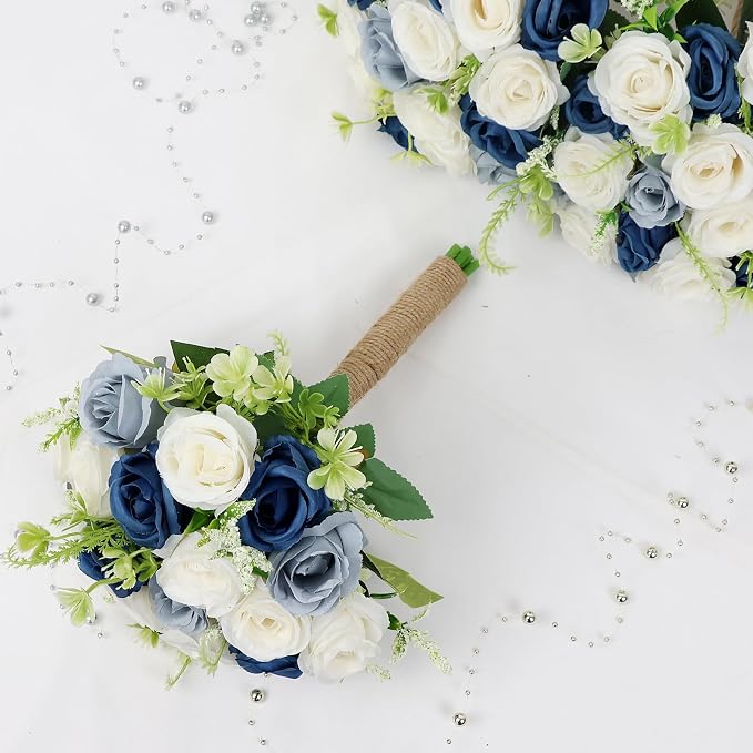Bridesmaid Bouquets for Wedding - 7 Inch Artificial Flower Bouquet for Party Ceremony Anniversary Dinning Table Centerpieces Decor -Navy Blue & Dusty Blue & White