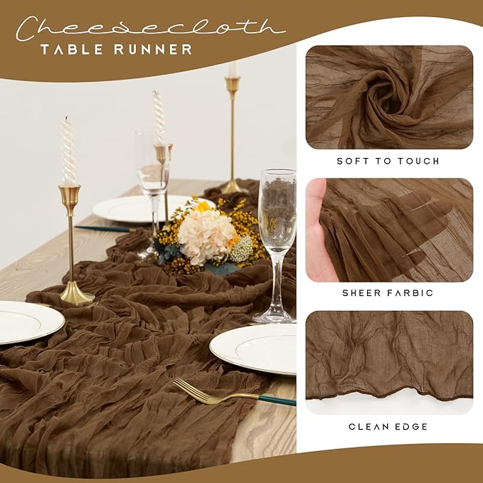 12 Pack Cheesecloth Table Runner 35 x 120 inch Long Boho Cheese Cloth Gauze Table Runners Semi Sheer Table Runner for Wedding Decor, Bridal Shower, Birthday Party (Brown)