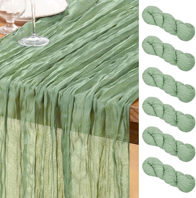 DeZerlor Sage Green Cheesecloth Table Runner 6 Pack Spring Easter Table Runners Boho Gauze 120 Inches Sage Cheese Cloth Table Decor for Wedding Bridal Baby Shower Parties