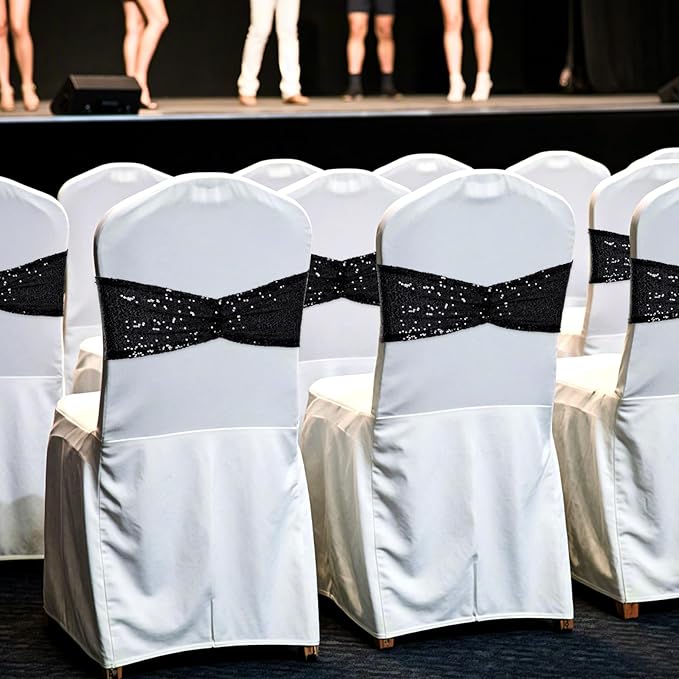 Poise3EHome Black Sequin Chair Sashes,Folding Chair Cover Bands for Wedding Party Ceremony Banquet Decorations, 10 PCS