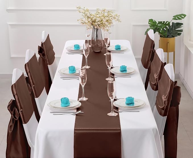 Horbaunal 2 Pack Brown Satin Table Runner 12 x 108 Inch, Smooth Table Runners for Wedding Banquets Birthday Party