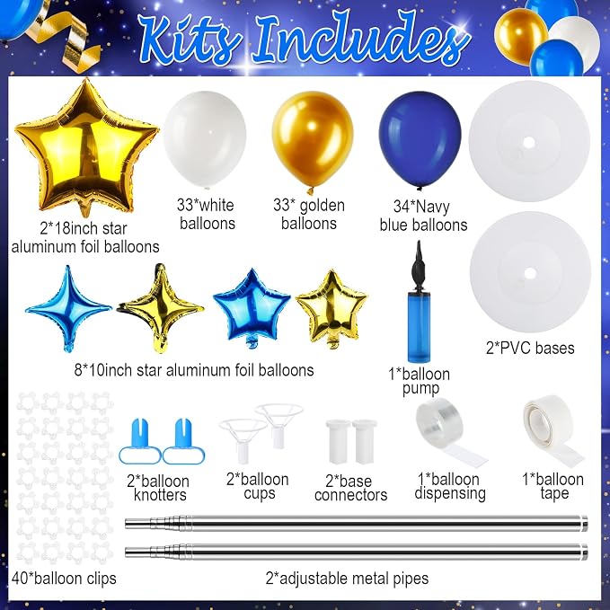 Gejoy 110 Pcs Blue Gold Balloons Column Stand Kit Adjustable Tower Stand from 1.4 to 6.6 ft with Bases for Back to School Wedding Birthday Baby Shower Party