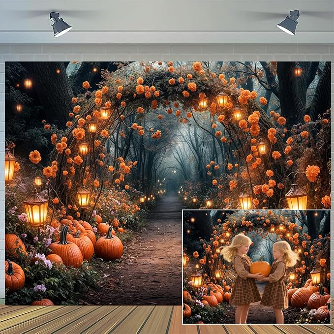 7 x 5 ft Fall Photography Backdrop Autumn Forest Maple Leaves Pumpkins Thanksgiving Party Supplies Nature Scenery Path Landscape Outdoor Party Decor Photo Booth Studio Props