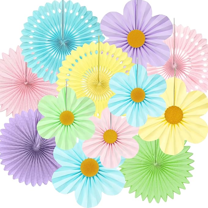 Pastel Paper Fans Party Decorations, 12PCS Macaron Flower Wall Backdrop for Gender Reveal, Boho Rainbow Birthday, Wedding, Bridal Shower & Nursery Decor, Easter