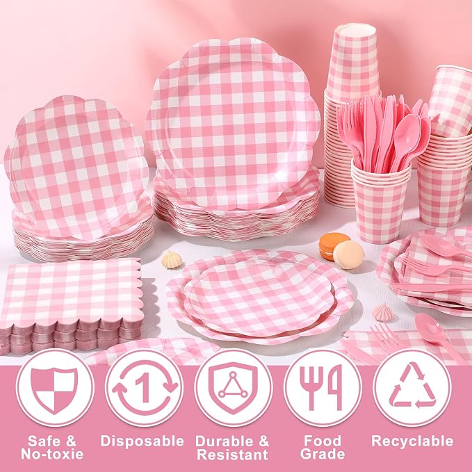 Funnymoom 400 Pcs Gingham Party Supplies for 50 Guests Pink and White Paper Plates and Napkins Knives Spoon Fork Cup Disposable Checkered Dinner Party Set Cutlery for Baby Shower Wedding Favor