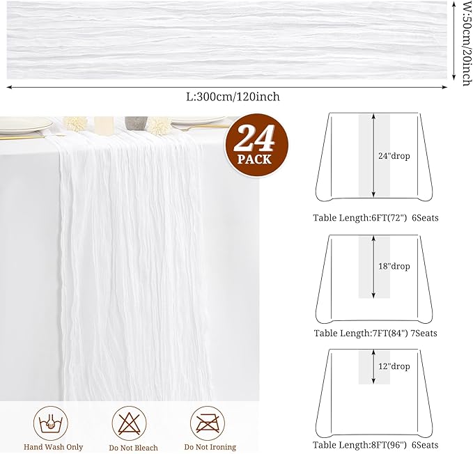 24 Pack White Cheesecloth Table Runner,10FT Gauze Boho Long Cheesecloth Table Runners 20x120inch Rustic Cheese Cloth Table Runner for Wedding Party Bridal Shower,Table Decorations