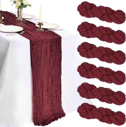 6 Pack 10FT Burgundy Cheesecloth Table Runner 120 Inch Long Gauze Rustic Boho Spring Cheese Cloth Table Runner Sheer Fabric Decorations for Holiday Party Wedding Banquet Bridal Baby Shower Décor