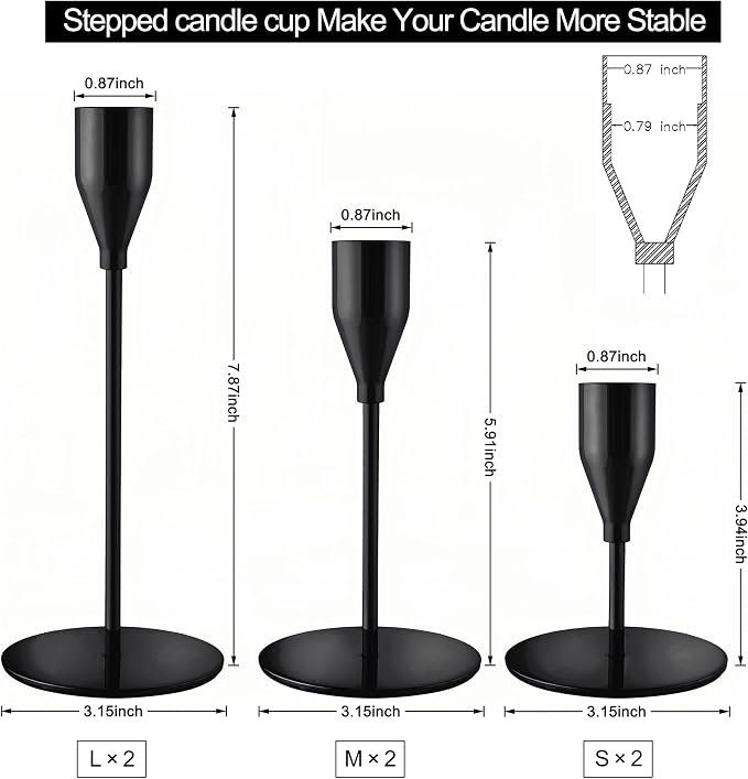 Black Taper Candle Holders for Wedding Table Centerpiece,Tall Taper Candlestick Holders Bulk Set of 6,Metal Candle Stick Holder Decor for Table or Mantel Centerpiece, Dinning, Party Home Decor