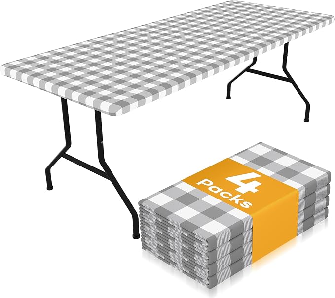 Smiry Picnic Table Cloth 4 Pack, Waterproof Elastic Fitted Tablecloths for 4FT Rectangle Tables, Washable Polyester Buffalo Plaid Tablecloth for Camping, Dining & Outdoor (Grey & White, 30" x 48")