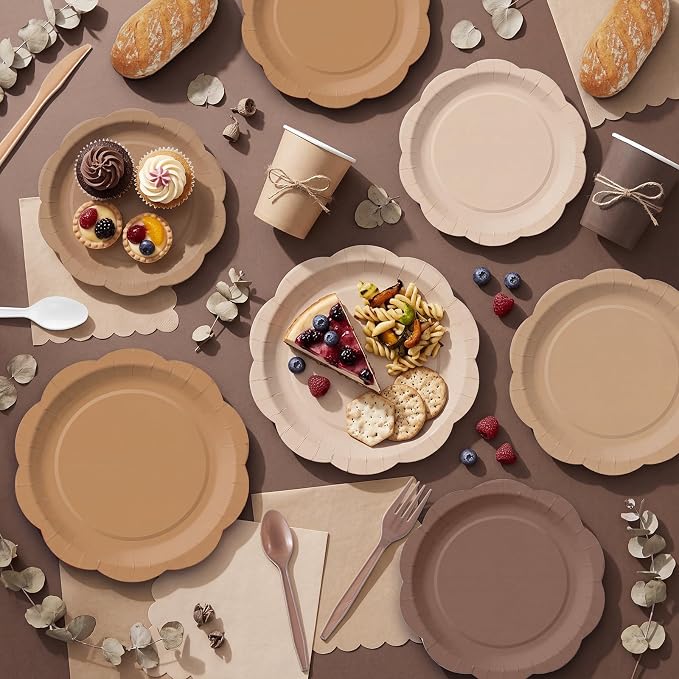 Ceenna 390 Pcs Brown Party Decoration for 48 Guests, Gradient Brown Beige Paper Plates Napkins Cups Tablecloth Cutlery Disposable Tableware Set for Boho Birthday Baby Shower Wedding Party Supply