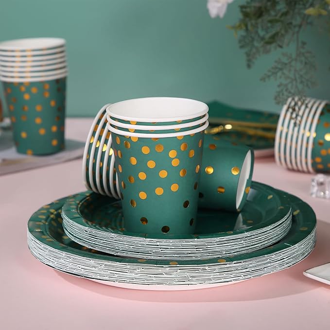 Green and Gold Party Decorations, 200Pcs Emerald Green Plates and Napkins Party Supplies, Birthday Plates for Fathers Day Graduation Decorations