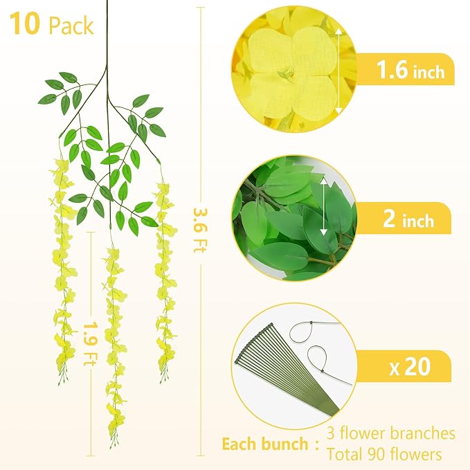BLEUM CADE 10Pcs Yellow Fake Wisteria Hanging Flowers, 3.6Ft/Pcs Artificial Wisteria Garland, Hanging Flowers for Wedding Party Home Backdrop Wall Decoration
