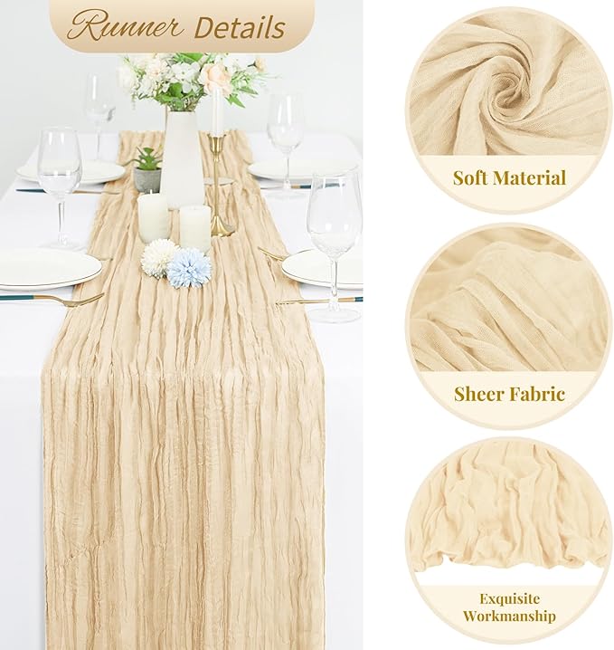 20 Pack Ivory Cheesecloth Table Runner 120 Inch 10FT Rustic Boho Gauze Cheese Cloth Table Runner for Wedding Party Baby Shower Thanksgiving Christmas Decoration