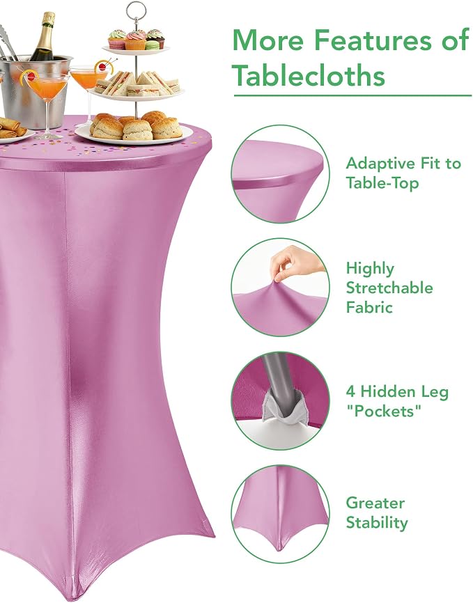 Cocktail High Top Table Covers - 32x43 Inch Fitted Spandex Round Cocktail Tablecloth for Bar Height Standing Table Cloths Reusable, for Party Wedding Banquet Event Decorations, Shiny Pink, 8 Pack