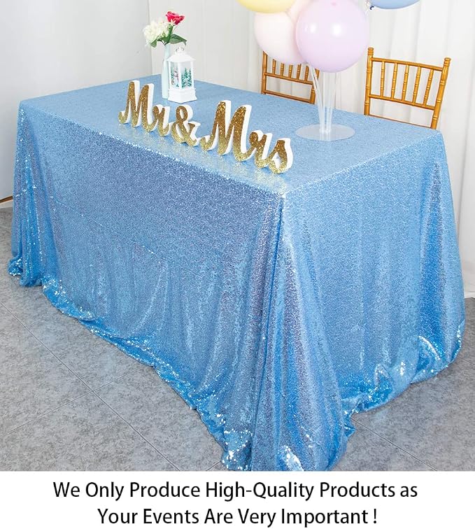 ShiDianYi Rectangular Sequin Tablecloth - Baby Blue 90x132-Inch Light Blue Fabric Glitter Table Linen Cover for Prom, Birthday, Wedding Reception Decoration