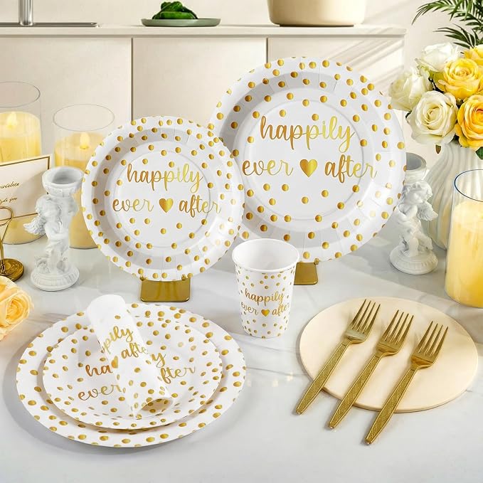 MotiMind 120 Pcs Happily Ever After Tableware Set Wedding Reception Party Table Decorations White and Gold Dot Paper Plates Cups Napkins Forks for 24 Guests Wedding Bridal Shower Engagement Party