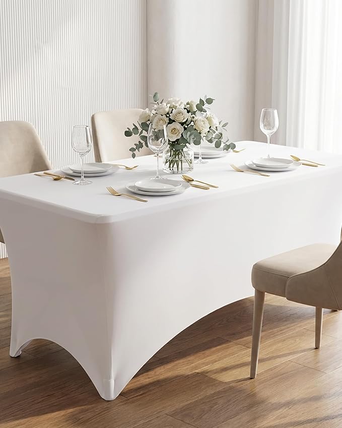 Fixwal 6 Pack White Tablecloth Rectangle 6Ft, Stretch Spandex Fitted Table Cover for Party, Trade Show, Wedding, Buffet, Graduation, Vendor Stand
