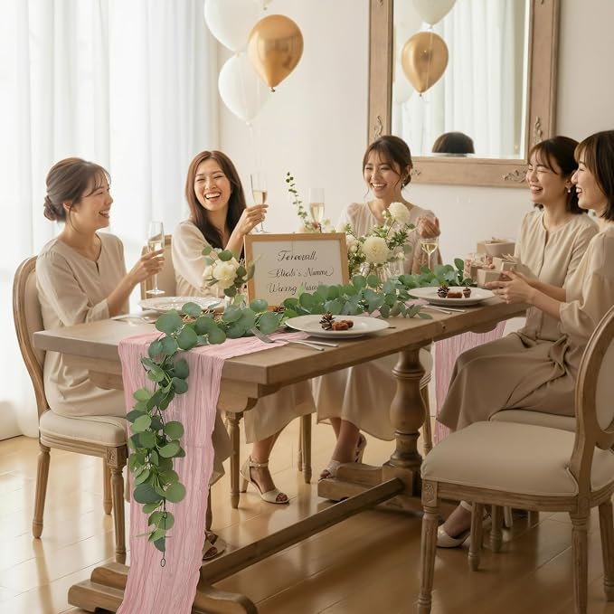 Leinuosen 8 Set 10 Ft Light Pink Cheesecloth Table Runner Wedding Decor with 6 Ft Eucalyptus Garland, Boho Gauze Table Centerpiece Runner for Wedding Baby Shower Birthday Party Decoration