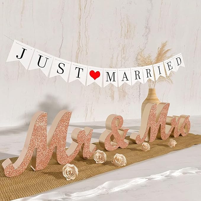 VIOPVERY Mr & Mrs Sign & Just Married Banner, Large Wooden Letters for Sweetheart Table, Photo Props Wedding Decorations for Anniversary, Rose Gold
