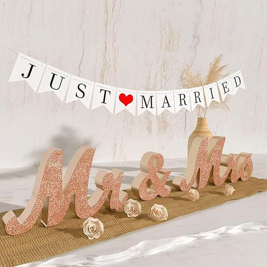 VIOPVERY Mr & Mrs Sign & Just Married Banner, Large Wooden Letters for Sweetheart Table, Photo Props Wedding Decorations for Anniversary, Rose Gold
