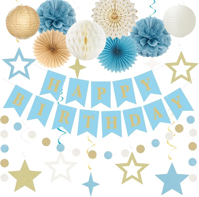 Light-Dusty Blue Beige-Champagne Birthday Party-Decorations - 19pcs Boho Neutral Streamers Banner,Paper Star Garland Lanterns Honeycomb Fan,Tissue Pom Poms,Wall Ceiling Backdrop Supplies Ouruola