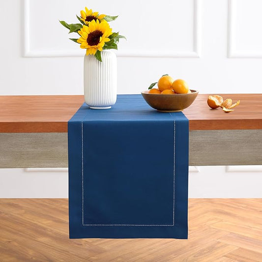 Solino Home Table Runner 108 Inches Long - Cotton Linen Hemstitch Lapis Blue Table Runner 14 x 108 Inch for Mothers Day