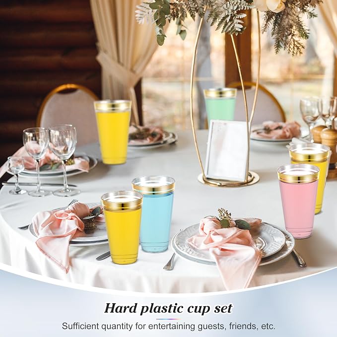 Sliner 50 Pcs Hard Plastic Cups Double Rimmed Plastic Cups Heavy Duty Fancy Wine Glasses for Holiday Christmas New Year Winter Birthday Party Supplies(16 Oz,Gold)