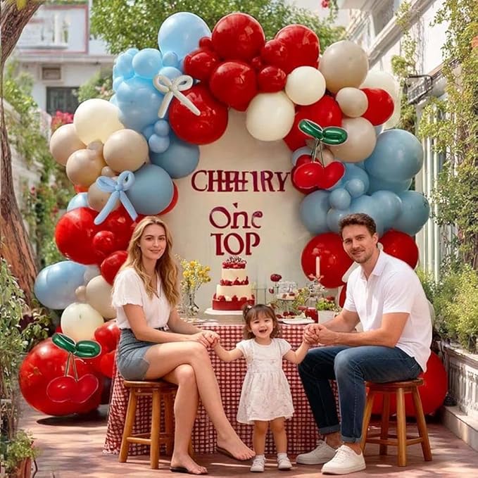 Red Blue Cherry Balloon Arch Kit Double Stuffed, Ruby Red Dusty Light Blue White Sand Ivory Balloon Garland with Long Latex Balloons for Cherry on Top Birthday Mothers Day Baby Shower Party Decor
