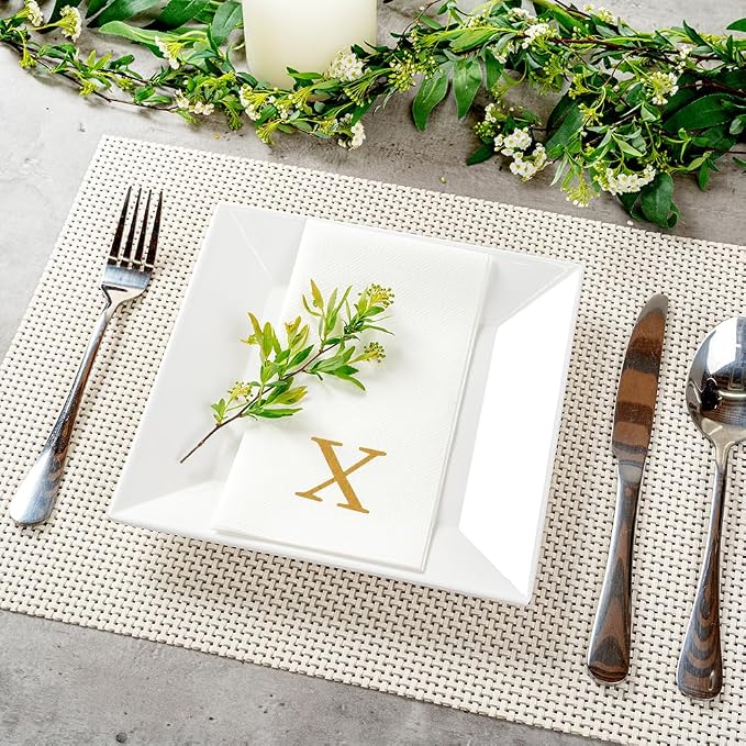 Luxenap 15.8 X 7.9 Inch Linen-Feel Guest Towels, 2000 Lettered Hand Towels - Gold Letter 'X', Sans Serif Font, White Paper Dinner Napkins, airlaid, For Restrooms And Tables - Restaurantware