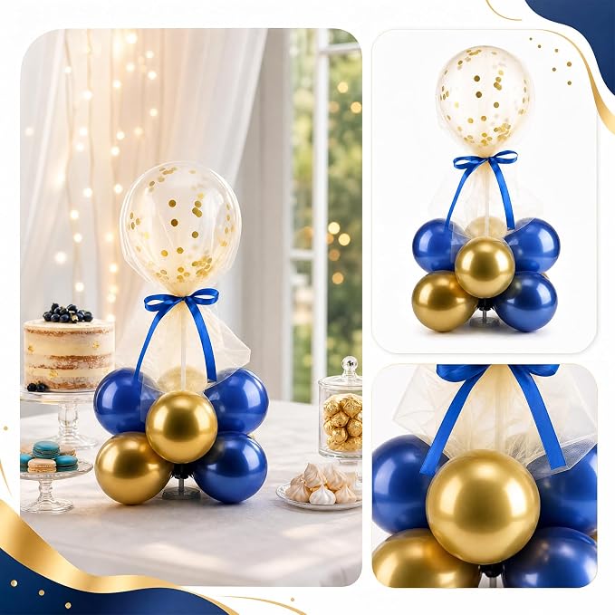 BBTO 8 Set Blue Gold Balloon Centerpieces for Table, Balloons Stand Kit with Base Tulle for Wedding Birthday Grad Prom Centerpieces Party Back to School Baby Shower