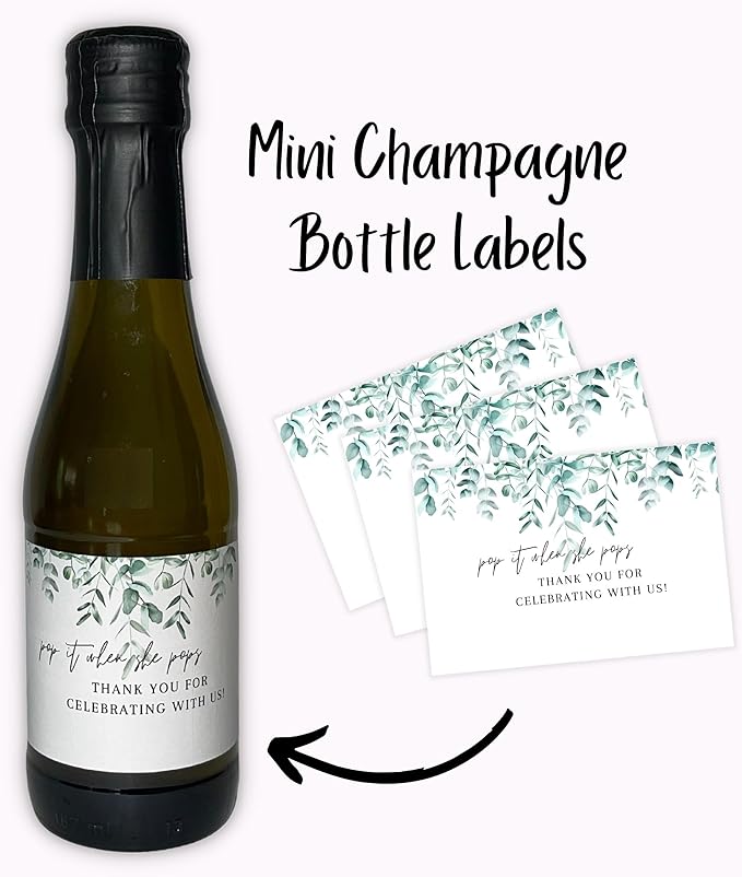 Pop It When She Pops Mini Bottle Stickers | 12 Count | 2”x 3” Size | Champagne Bottle Stickers | Baby Shower Party Favors | White with Greenery Design