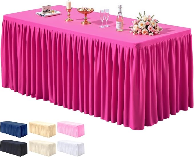 PARTISKY 1 Pack Hot Pink Tablecloths for Rectangle Tables 8ft, Wrinkle Resistant Spandex Table Cover Fitted Stretch Table Cloth with Pleated Ruffle Skirts for Party Banquet Dining Birthday Wedding