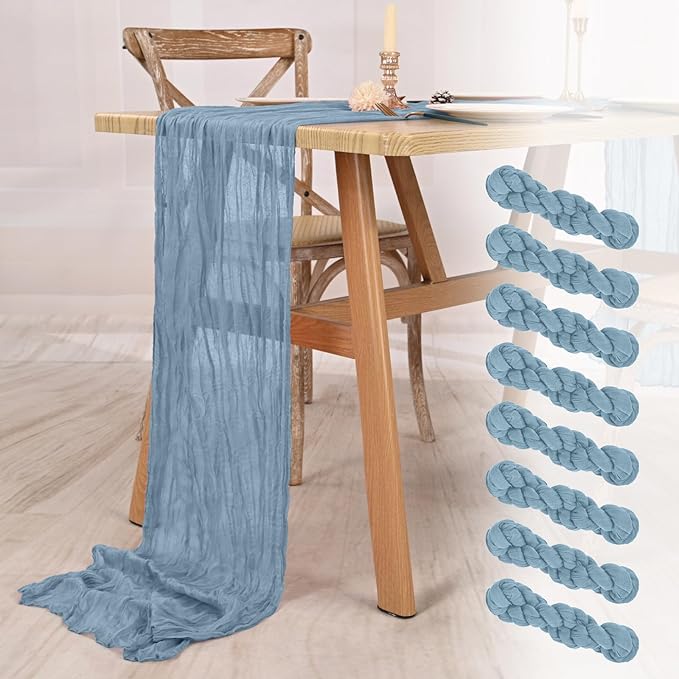 8 Pack Dusty Blue Cheesecloth Table Runner 10FT Dusty Blue Boho Gauze Cheese Cloth Table Runner Rustic Sheer Fabric Table Runners for Wedding Bridal Shower Baby Shower Party(21.5×120 Inch)