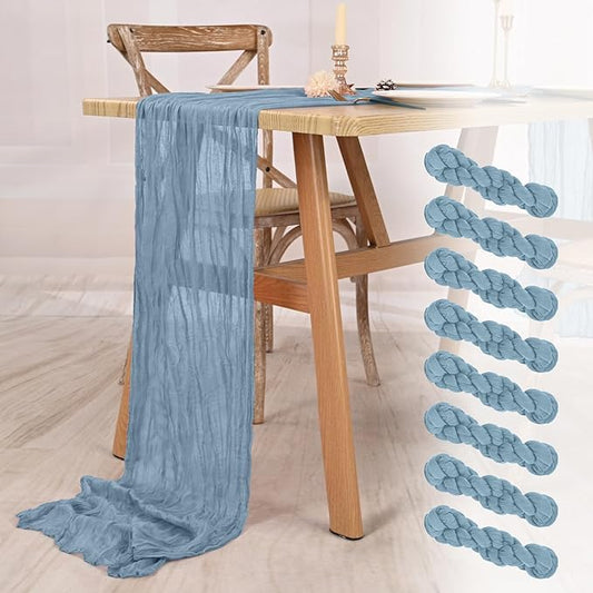 8 Pack Dusty Blue Cheesecloth Table Runner 10FT Dusty Blue Boho Gauze Cheese Cloth Table Runner Rustic Sheer Fabric Table Runners for Wedding Bridal Shower Baby Shower Party(21.5×120 Inch)