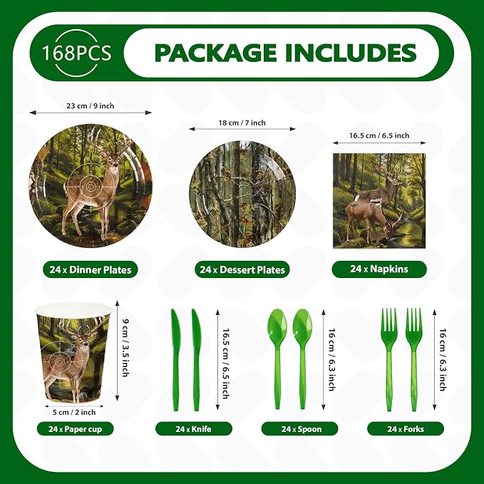 168Pcs Hunting Deer Camo Party Decorations Woodland Deer Plates Napkins Cups Forks Knives Spoons Hunting Themed Tableware Set for Hunter Outdoor Camping Picnic Camouflage Party Supplies Serves 24