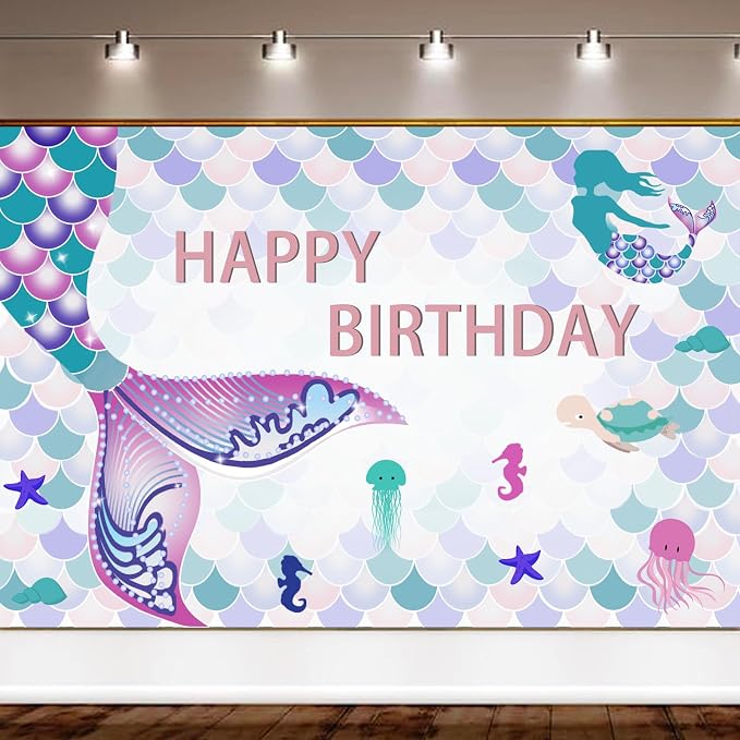 UJoyant 299 Pcs Mermaid Birthday Decorations, Mermaid Party Decorations Kit - Disposable Dinnerware Set with 25 Guests, Backdrop, Balloon, Banner, Tablecloth, Knives, Forks, Spoons, CakeTopper